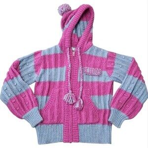 LoveShackFancy Tirzah Pink and Gray Striped Hooded Zip Up Sweater. Sz. XXS